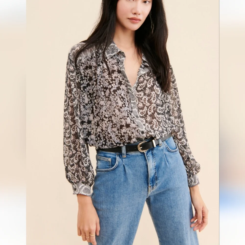 Free People Danni Button‎ down blouse snake print floral top